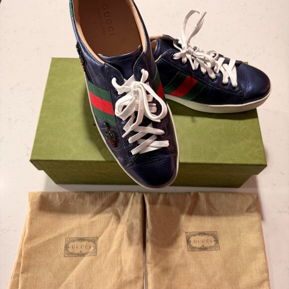 GUCCI Ace Metallic Blue Leather Crystal Arrow Men's Sneakers - Picture 3 of 9